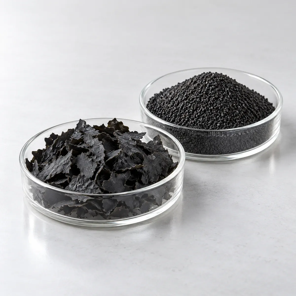 Black seaweed extract flakes and microgranules in two glass dishes