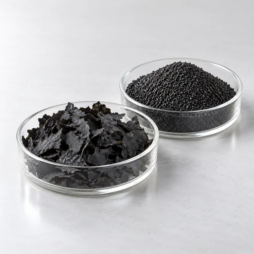 Black seaweed extract flakes and microgranules in two glass dishes