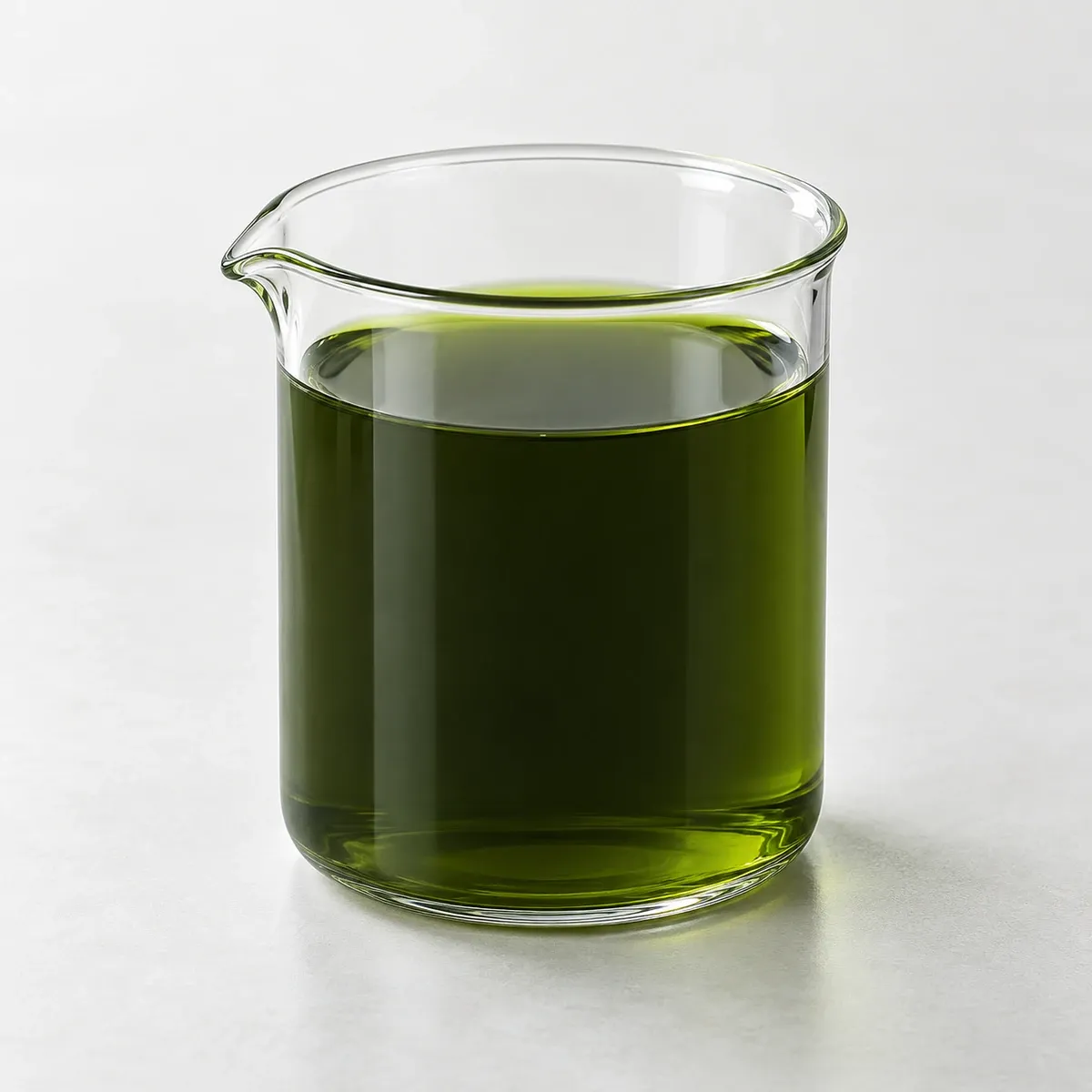 Dark green liquid seaweed extract in a clear unmarked beaker