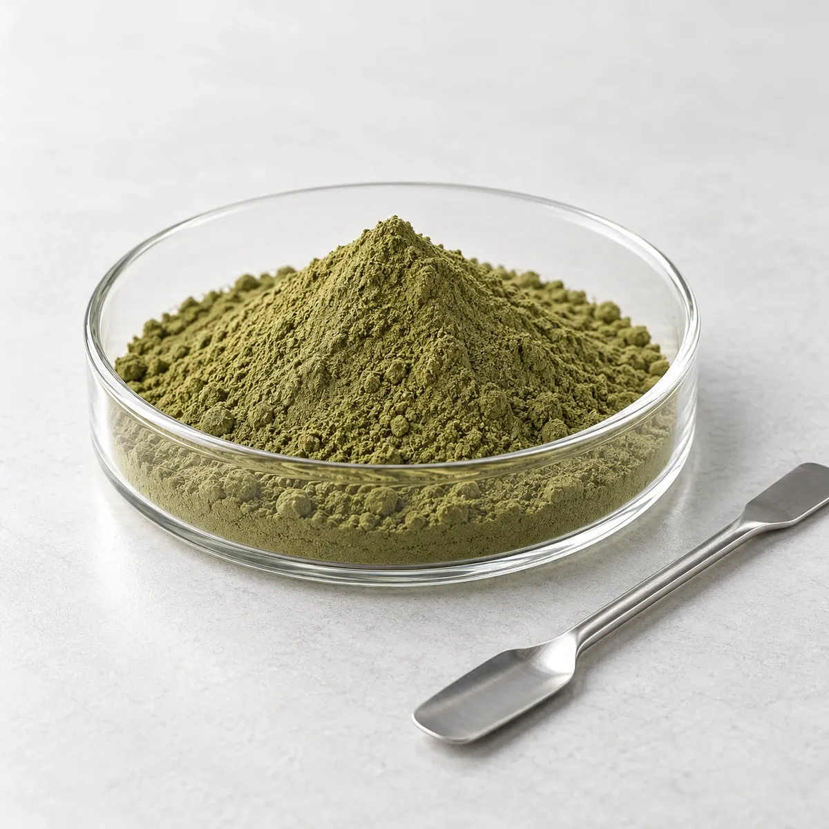 Olive-green seaweed extract powder in a shallow glass dish