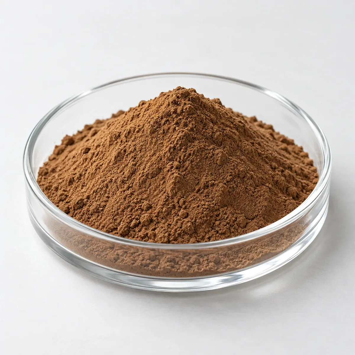 Brown seaweed extract powder in a shallow glass dish