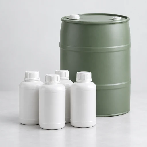 Four identical opaque unlabelled sample bottles beside a plain closed drum