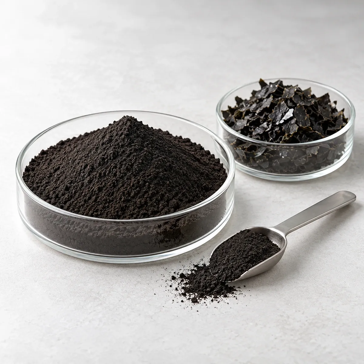 Fine black seaweed extract powder and irregular flakes in two glass dishes