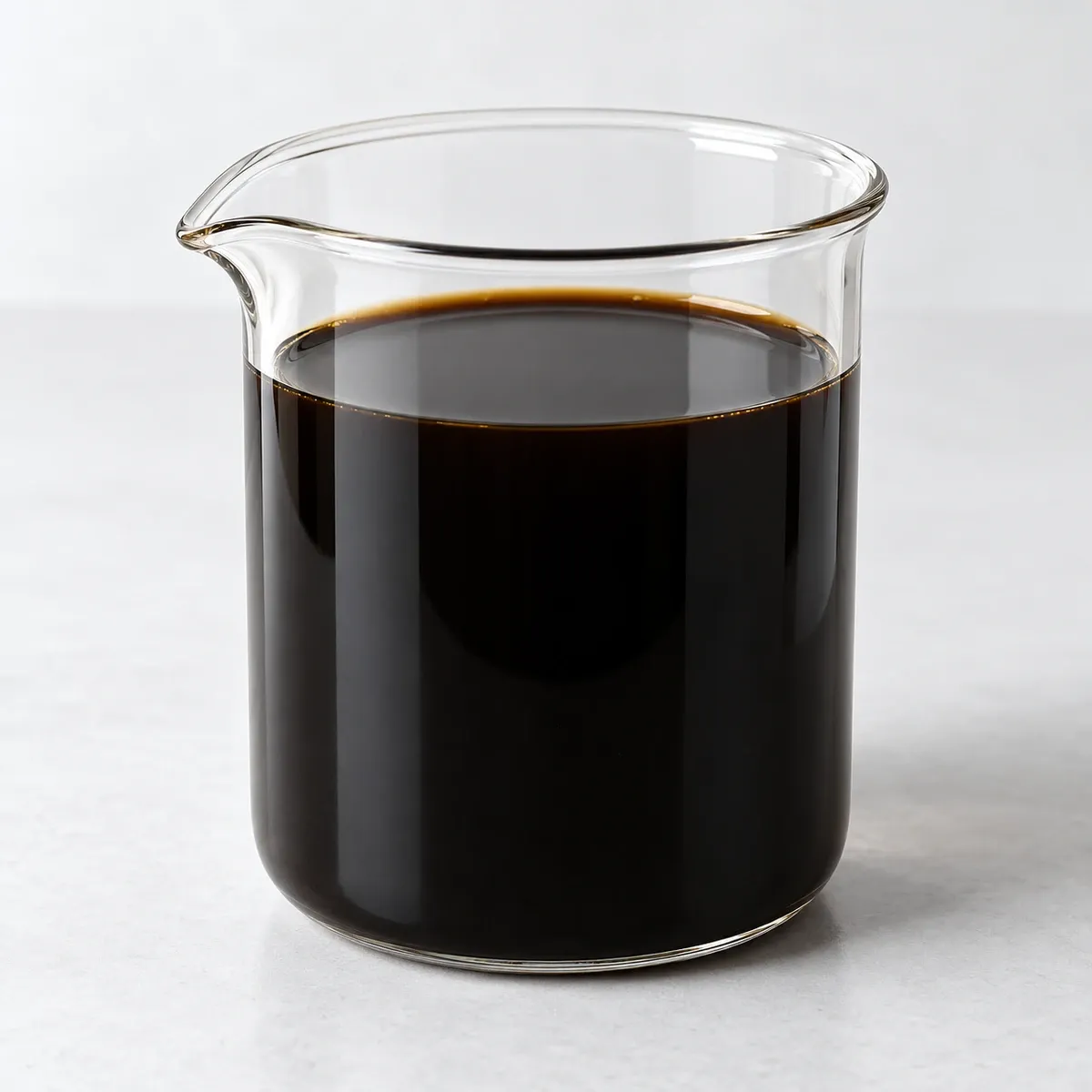 Nearly opaque black seaweed extract liquid in a clear unmarked beaker