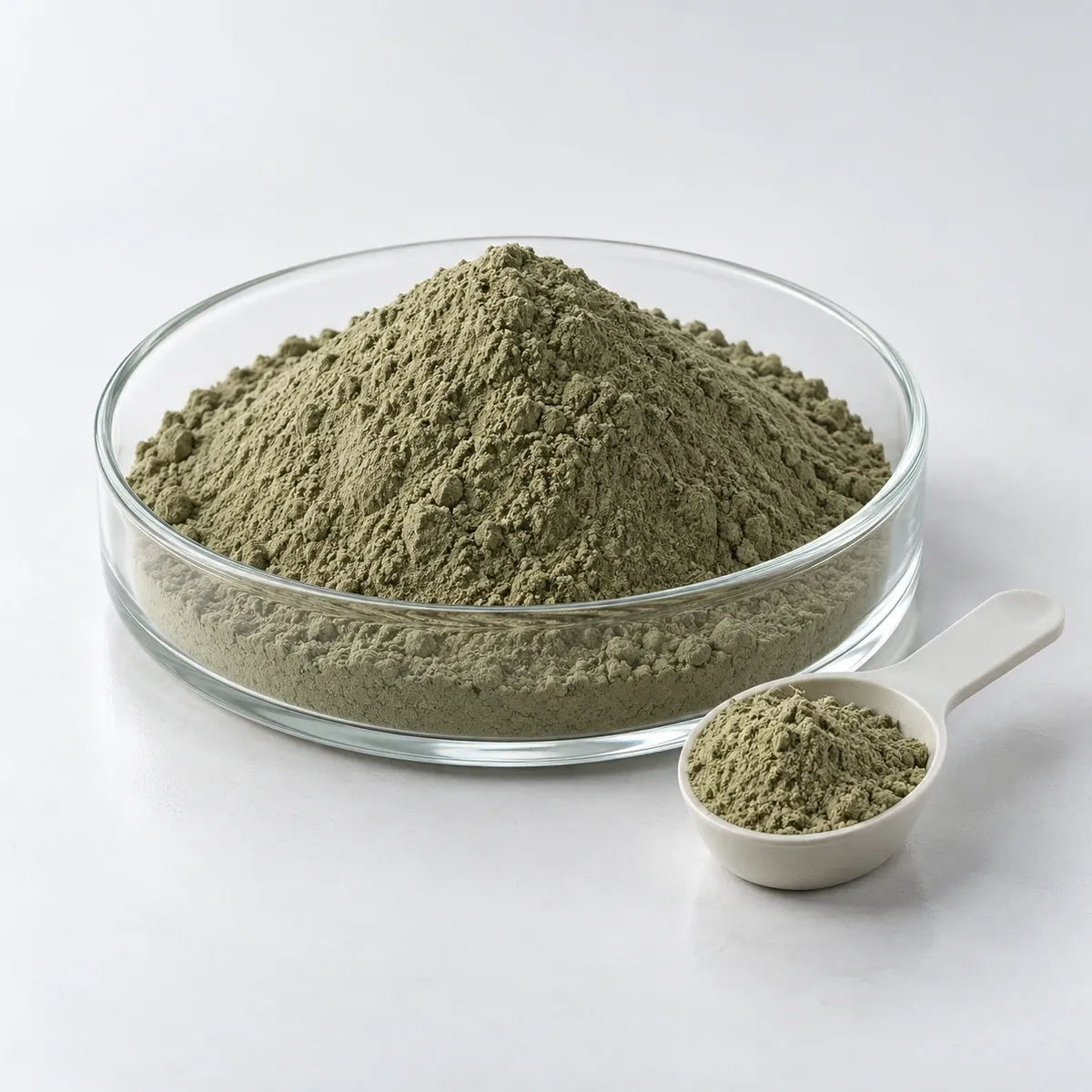 Grey-olive seaweed trace element powder in a shallow glass dish