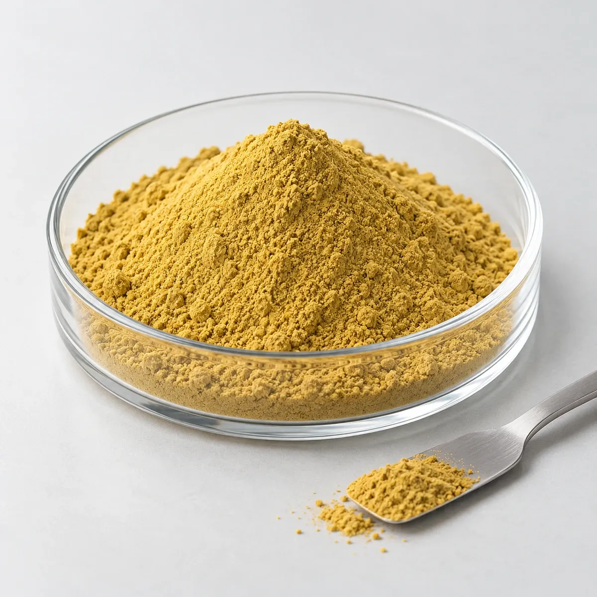Muted golden-yellow seaweed extract powder in a shallow glass dish