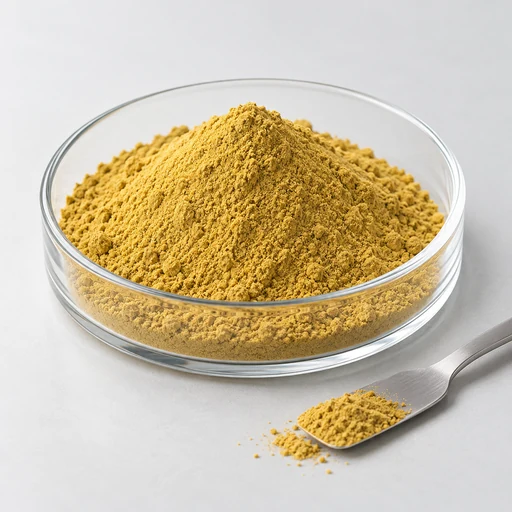 Muted golden-yellow seaweed extract powder in a shallow glass dish