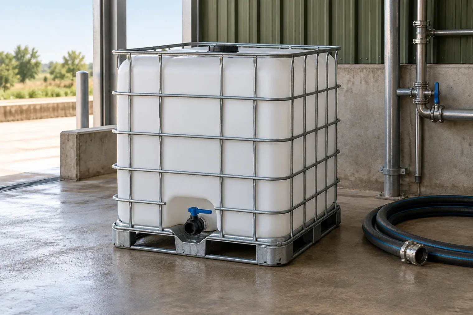 Representative sealed liquid container in an industrial handling bay, not a verified MOS package or facility
