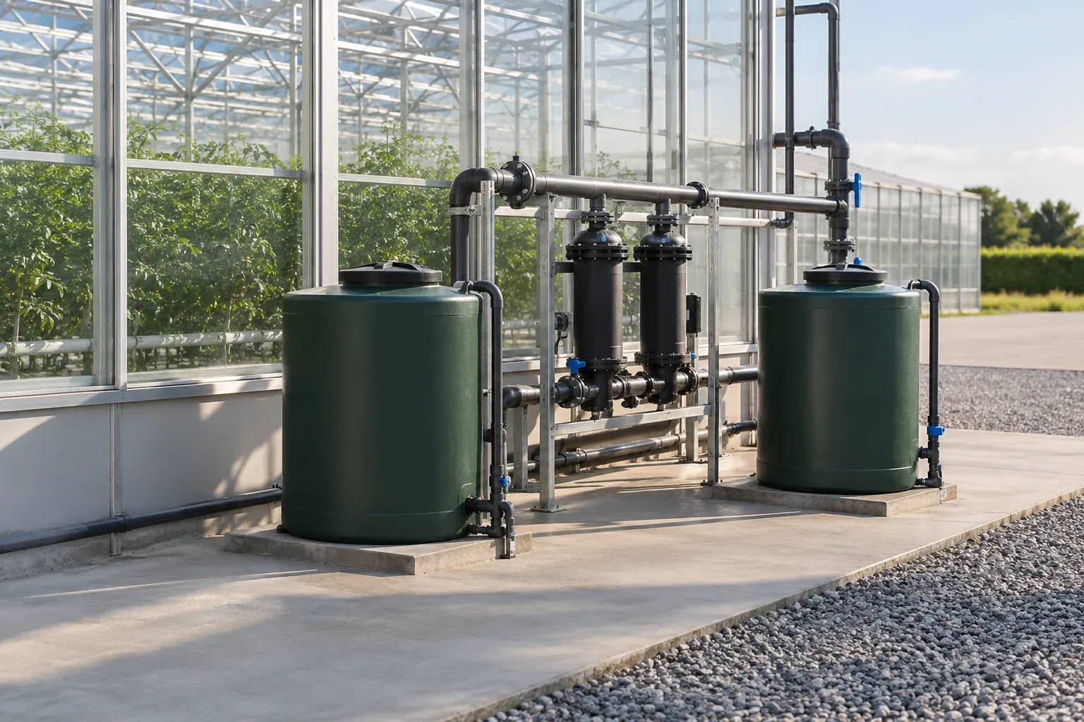 Representative separate dosing vessels and irrigation filtration equipment,not an actual MOS installation or compatibility trial