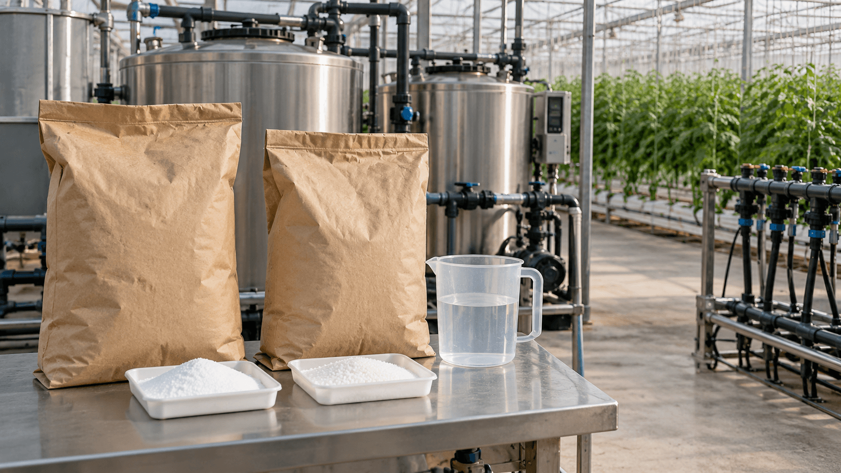 Representative fertilizer-source selection with separate plain sacks and crystal samples at a greenhouse fertigation station
