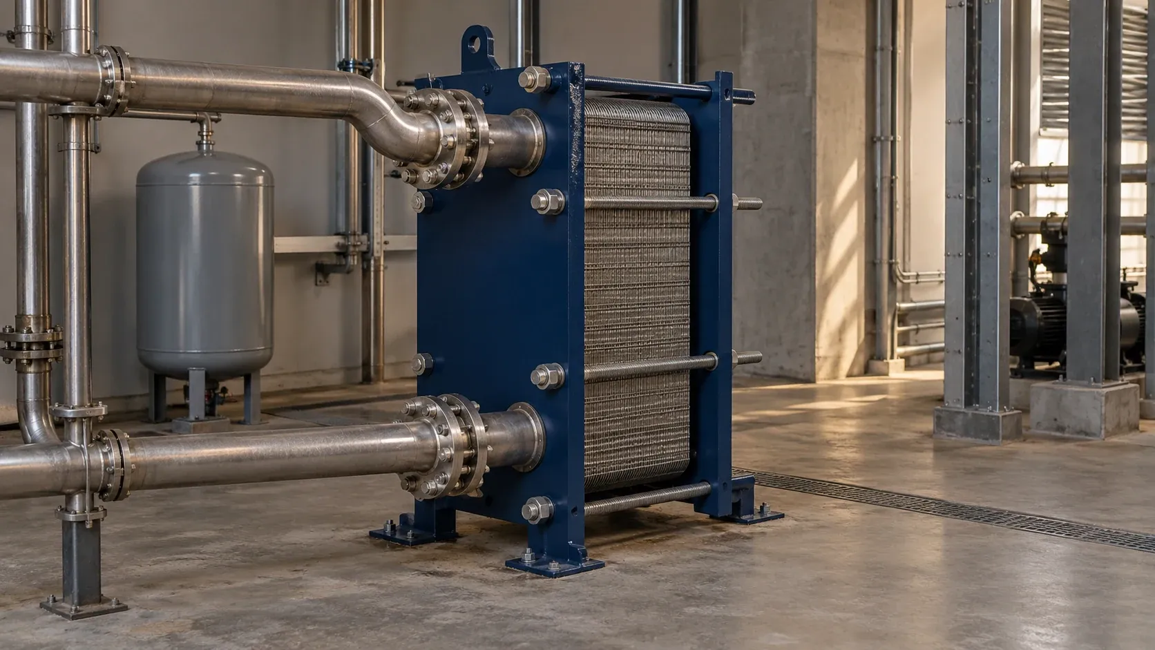 Illustrative industrial plate heat exchanger, pipes and closed vessel in a maintenance bay