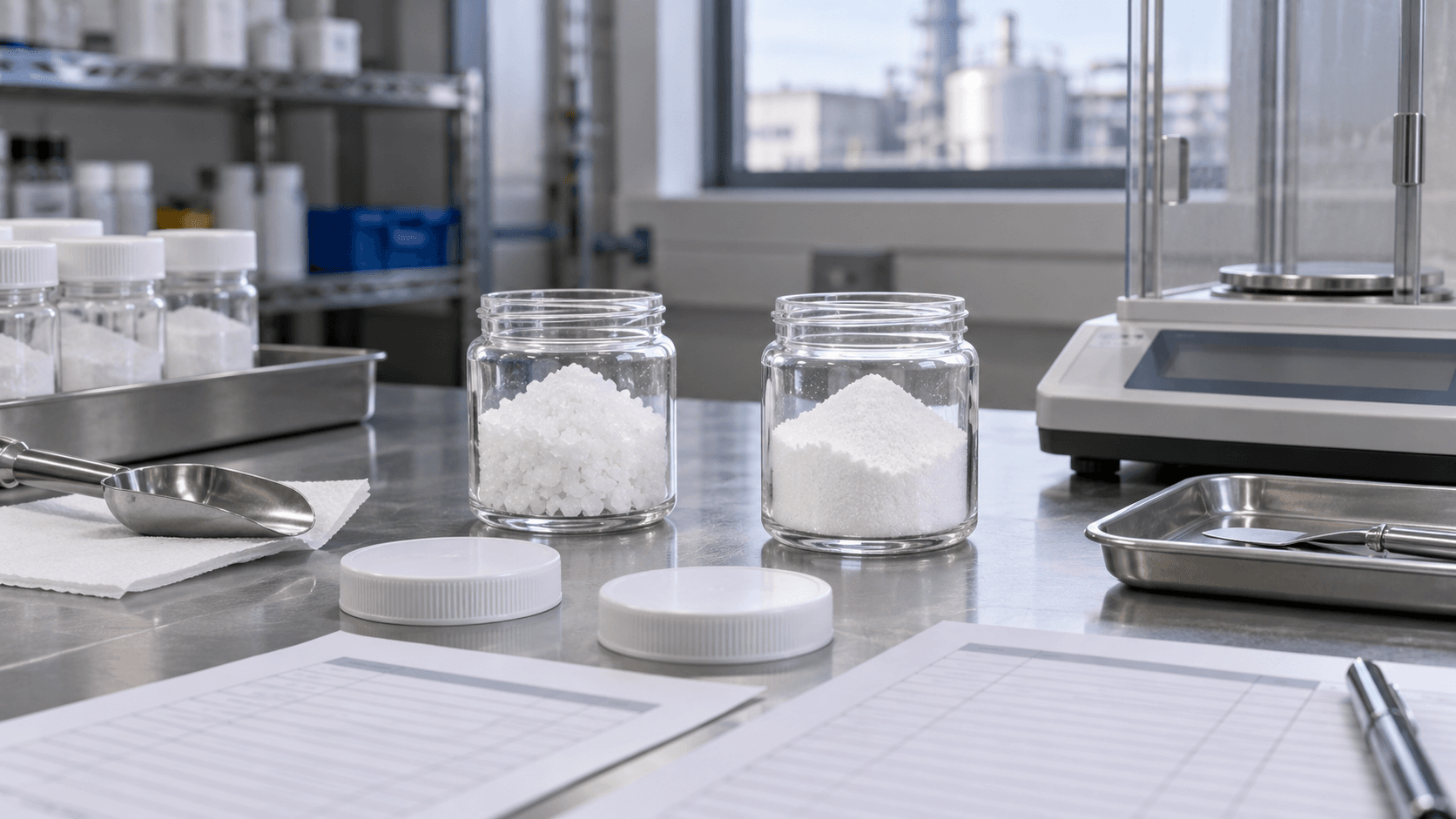 Conceptual procurement bench with two white chelant salt samples, specification sheets and a precision balance