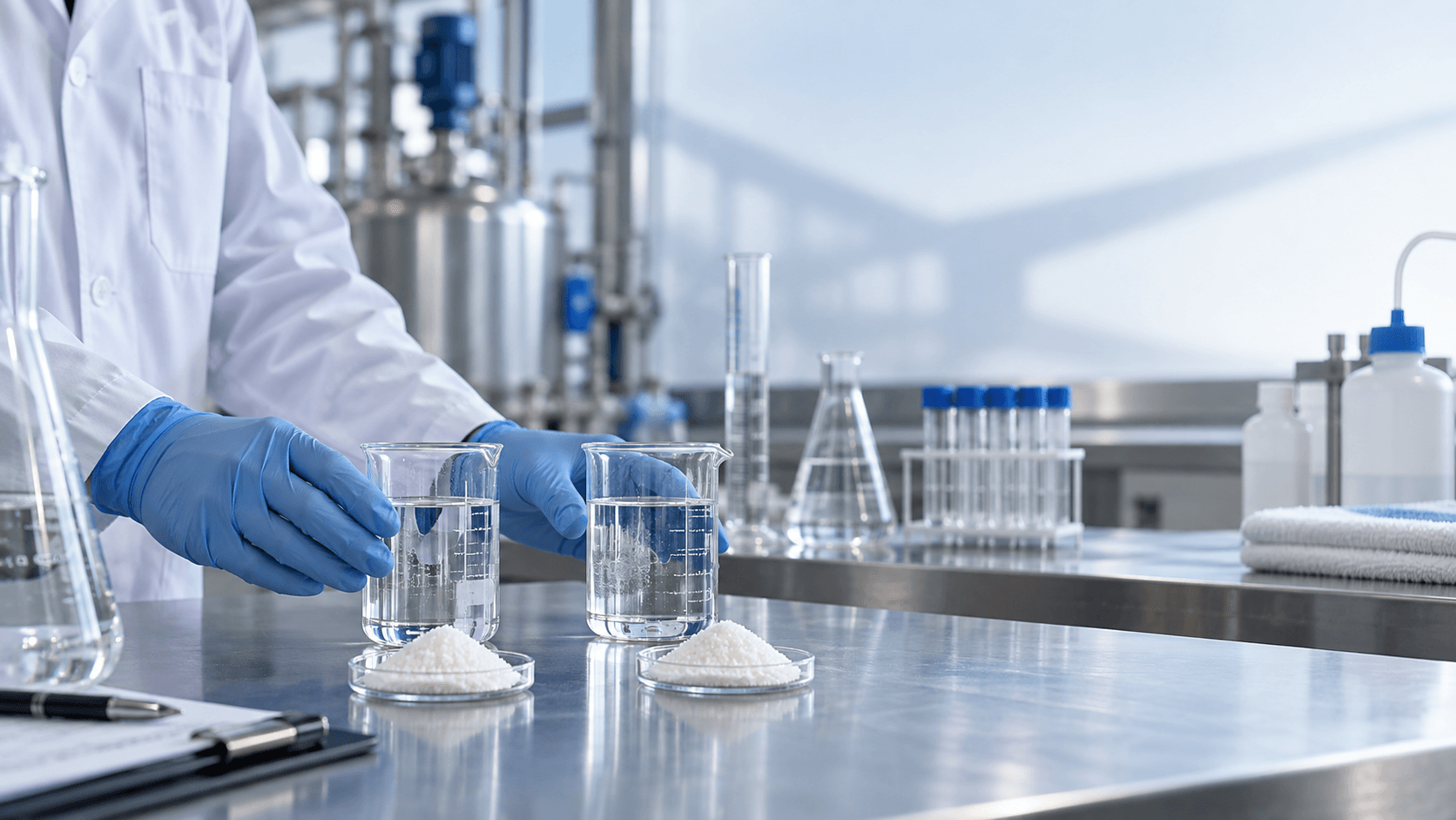 Side-by-side chelant sample trials in an industrial cleaning formulation laboratory