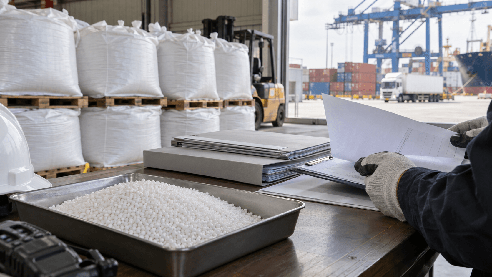 Representative fertilizer sample, unbranded bags and import documents at a logistics desk